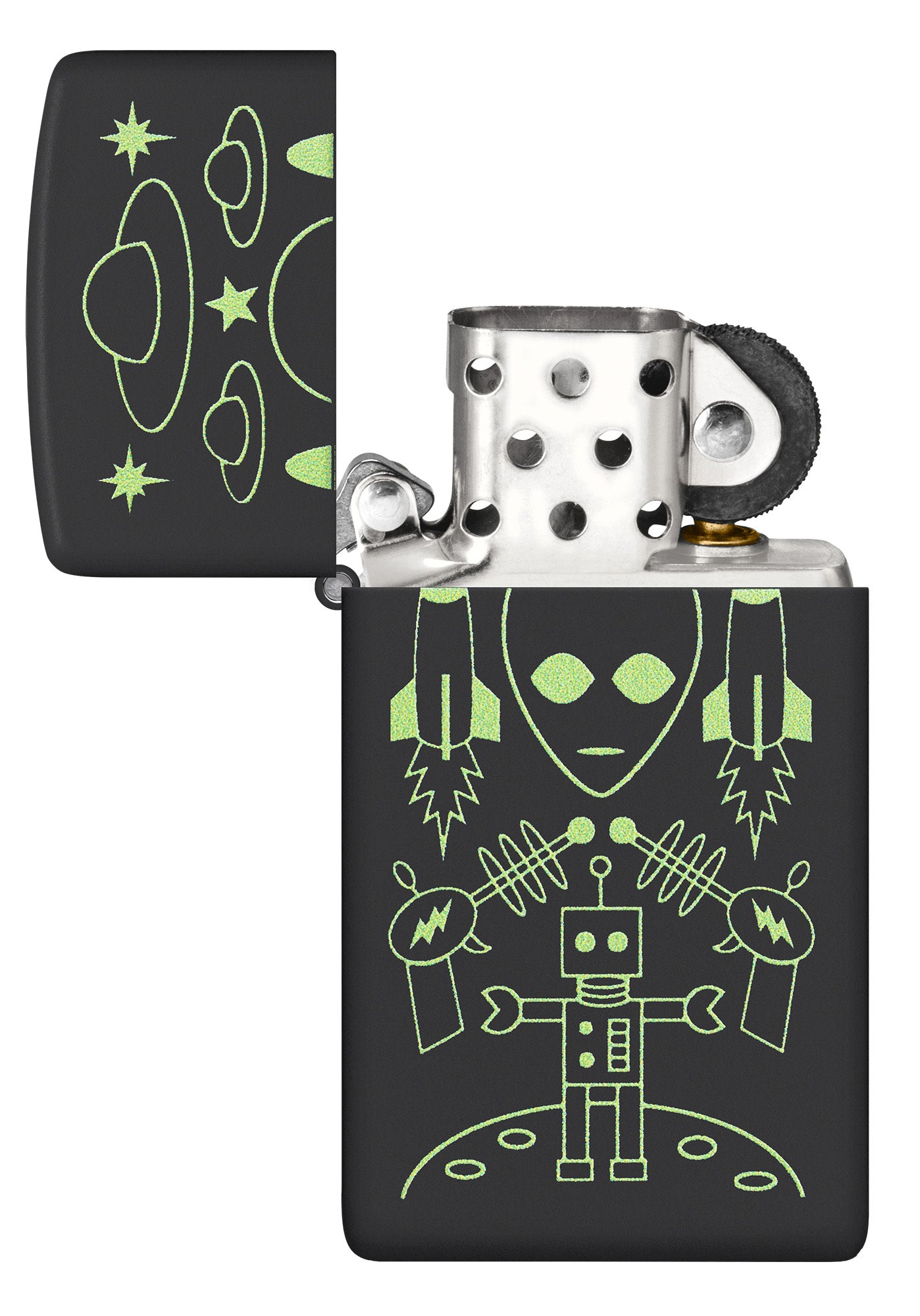 Zippo Alien Invasion Design SlimÂ® Black Matte Windproof Lighter with its lid open and unlit.