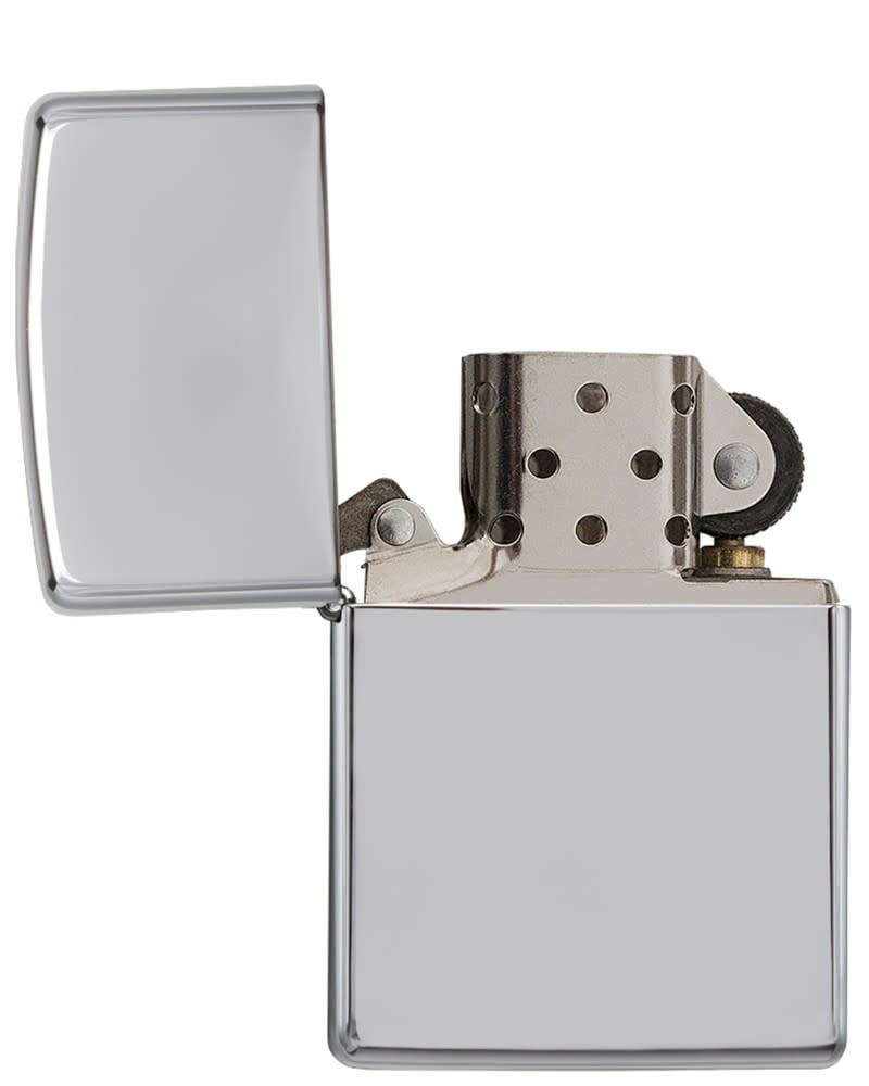 ArmorÂ® High Polish Chrome Windproof Lighter with it's lid open and unlit.