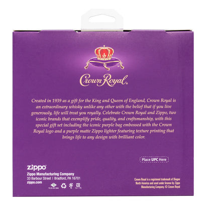 Back view of the Crown RoyalÂ® Purple Matte Windproof Lighter and Pouch Gift Set.