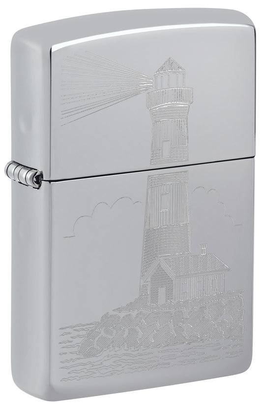 Front shot of Zippo Lighthouse Design Highpolish Chrome Windproof Lighter standing at a 3/4 angle.