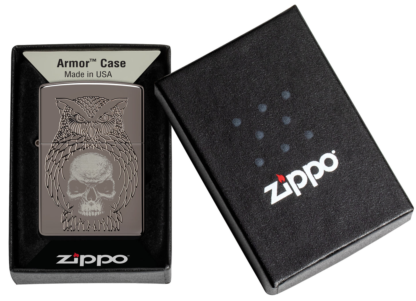 Zippo Night Owl Design Armor Black Ice Windproof Lighter in its packaging.


