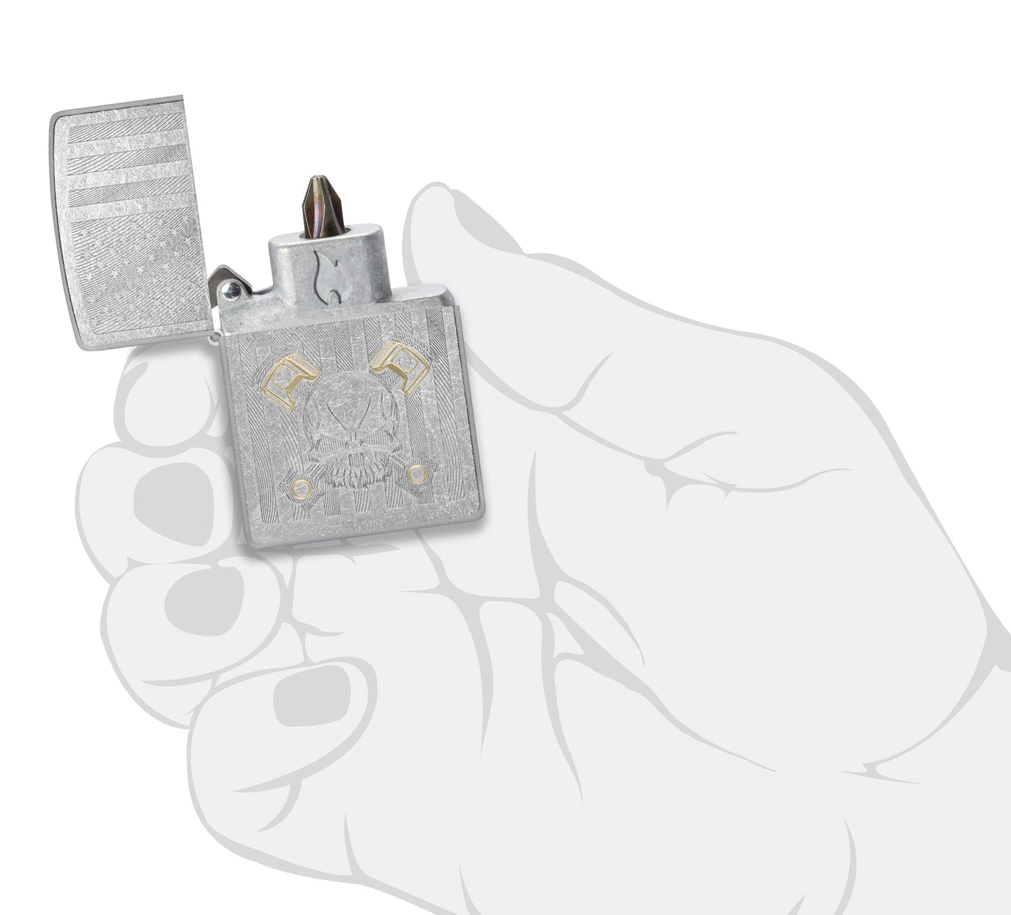 Zippo American Skull Bit Safe Design Windproof Lighter open in hand.