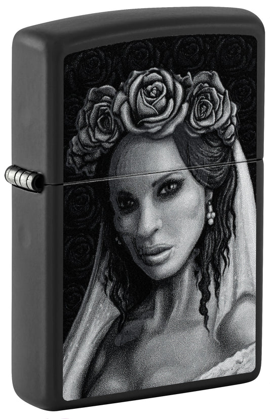 Front shot of Zippo Til Death Design Black Matte Windproof Lighter standing at a 3/4 angle.