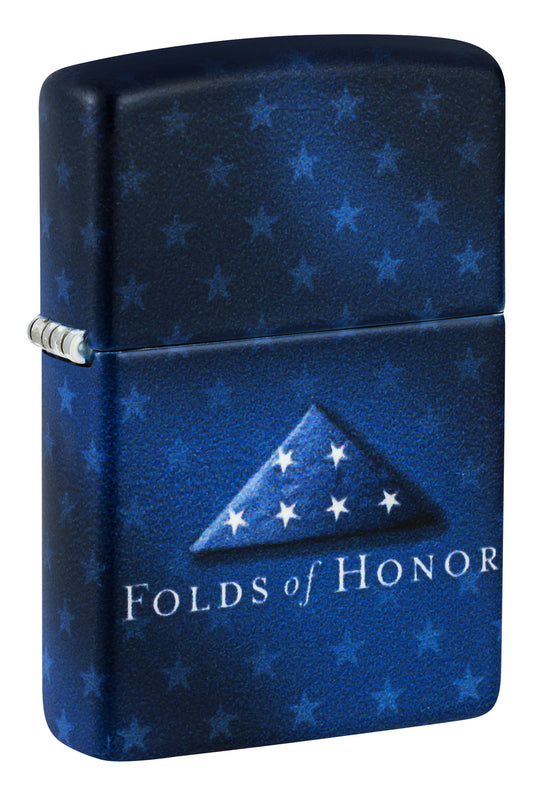 Front shot of Zippo Folds of Honor Star-Studded Design 540 Matte Pocket Lighter standing at a 3/4 angle.