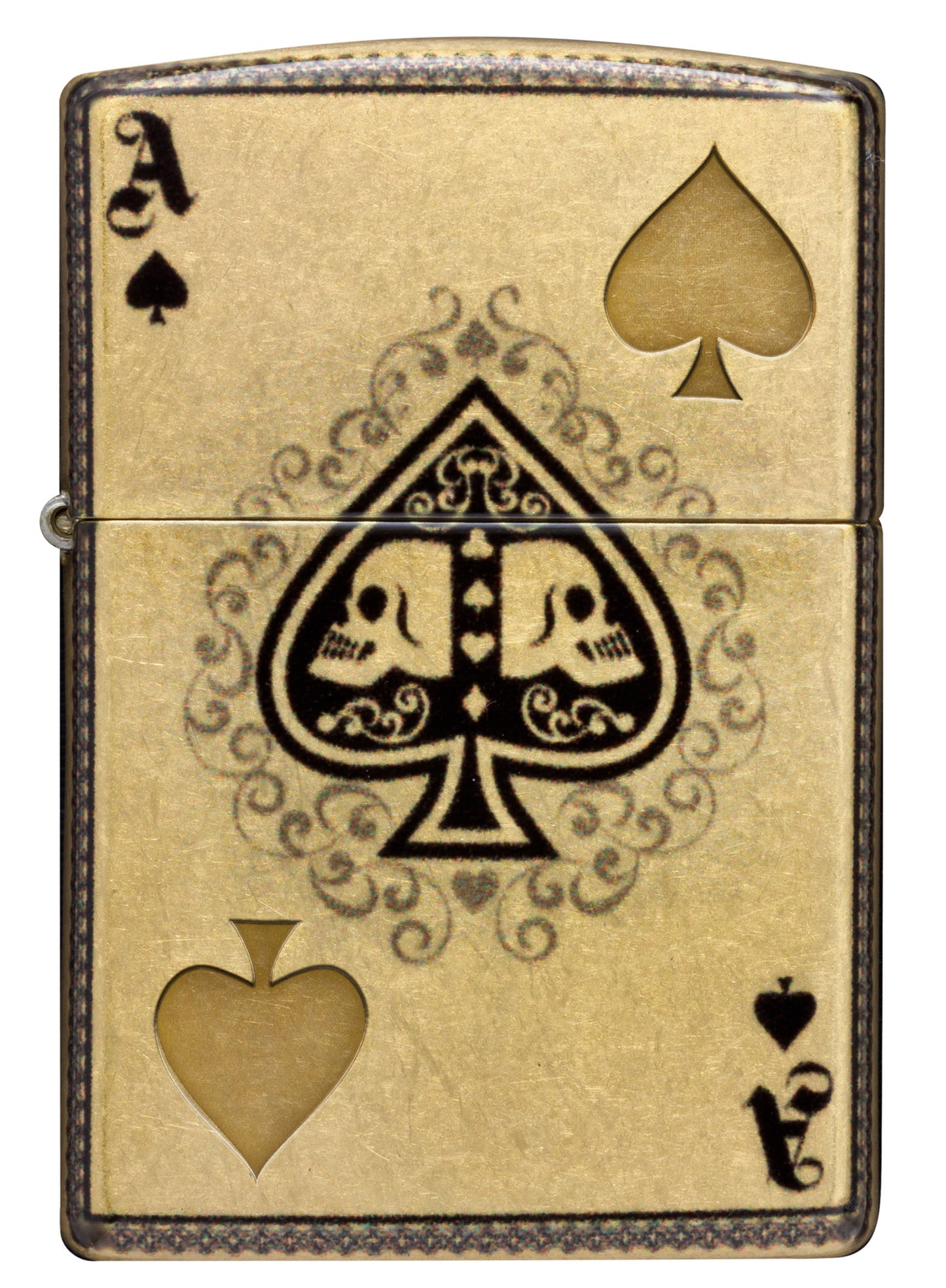 Front view of Zippo Ace of Skulls Design 540 Tumbled Brass Windproof Lighter.