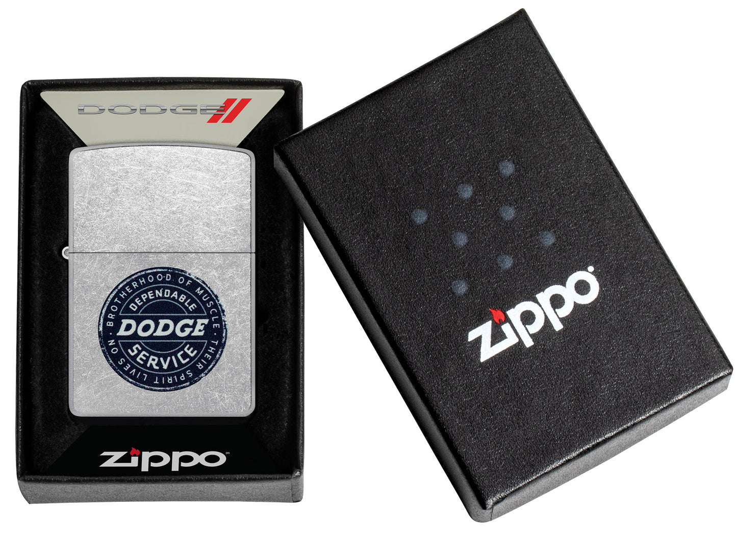 Zippo Dodge Service Sign Street Chrome Windproof Lighter in its packaging.