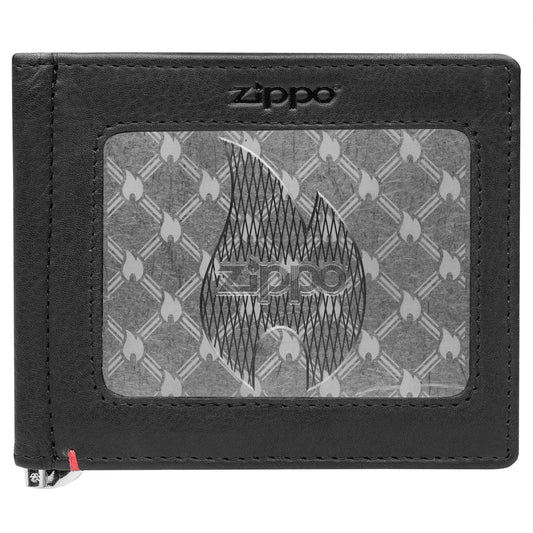 Front of black Leather Wallet With Zippo Flame Metal Plate Design - ID Window
