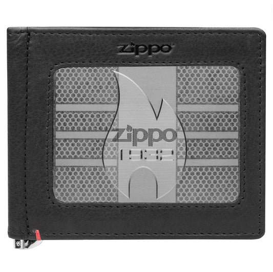 Front of black Leather Wallet With Zippo 1932 Metal Plate Design - ID Window