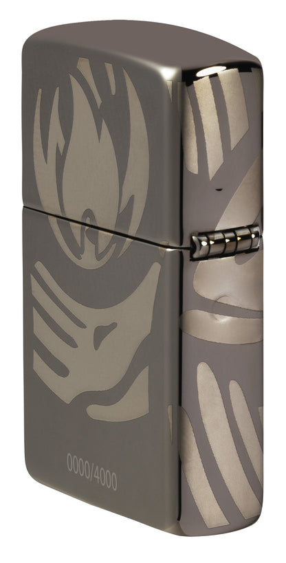 Angled shot of Zippo 2025 Collectible of the Year Windproof Lighter showing the back and hinge side of the lighter.