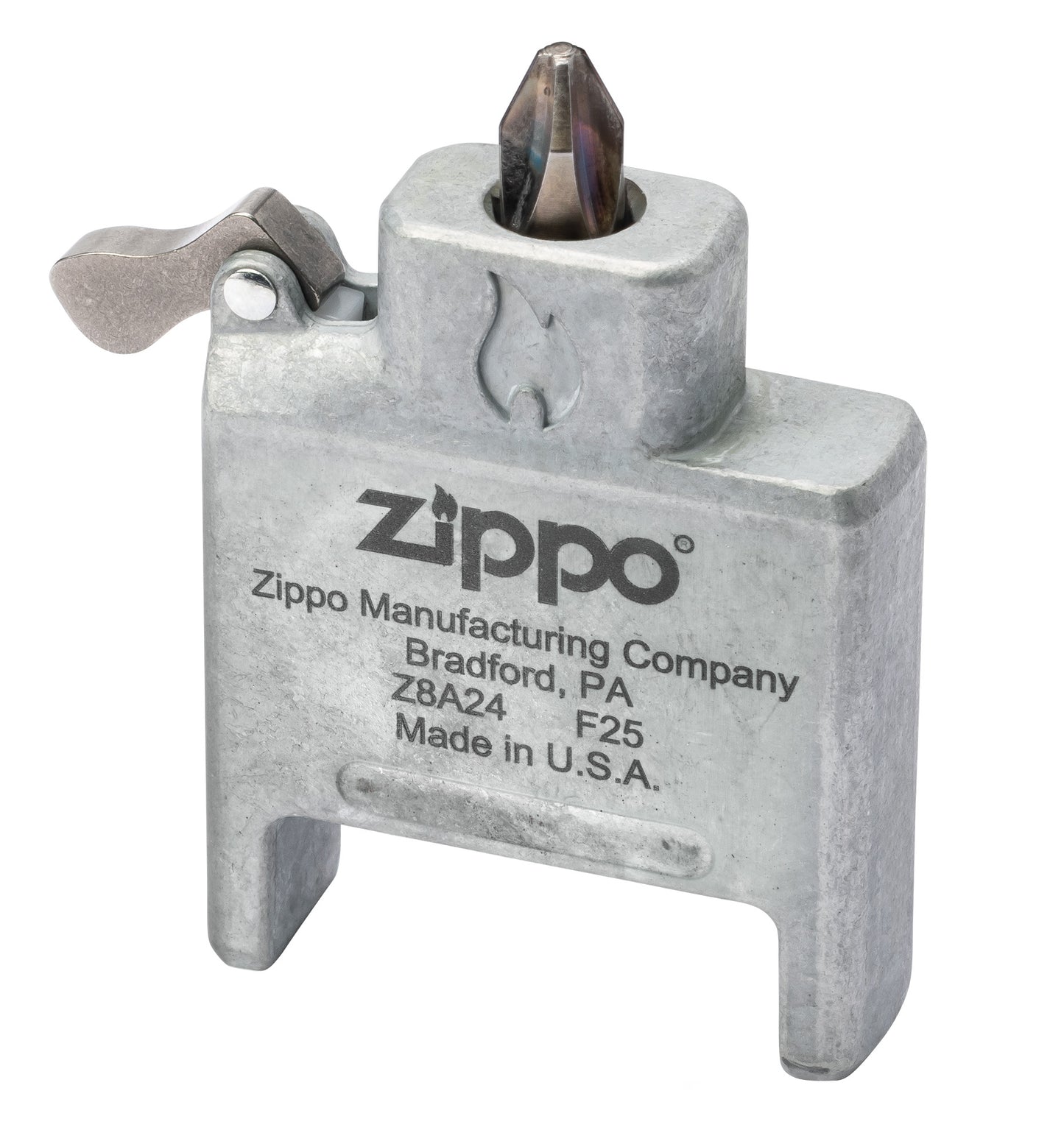 Zippo Bit Safe USA 4-in-1 Screwdriver Lighter Insert standing at a 3/4 angle with the Phillips head.