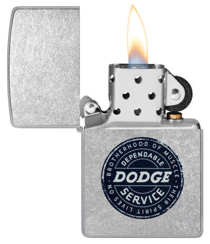 Zippo Dodge Service Sign Street Chrome Windproof Lighter with its lid open and lit.