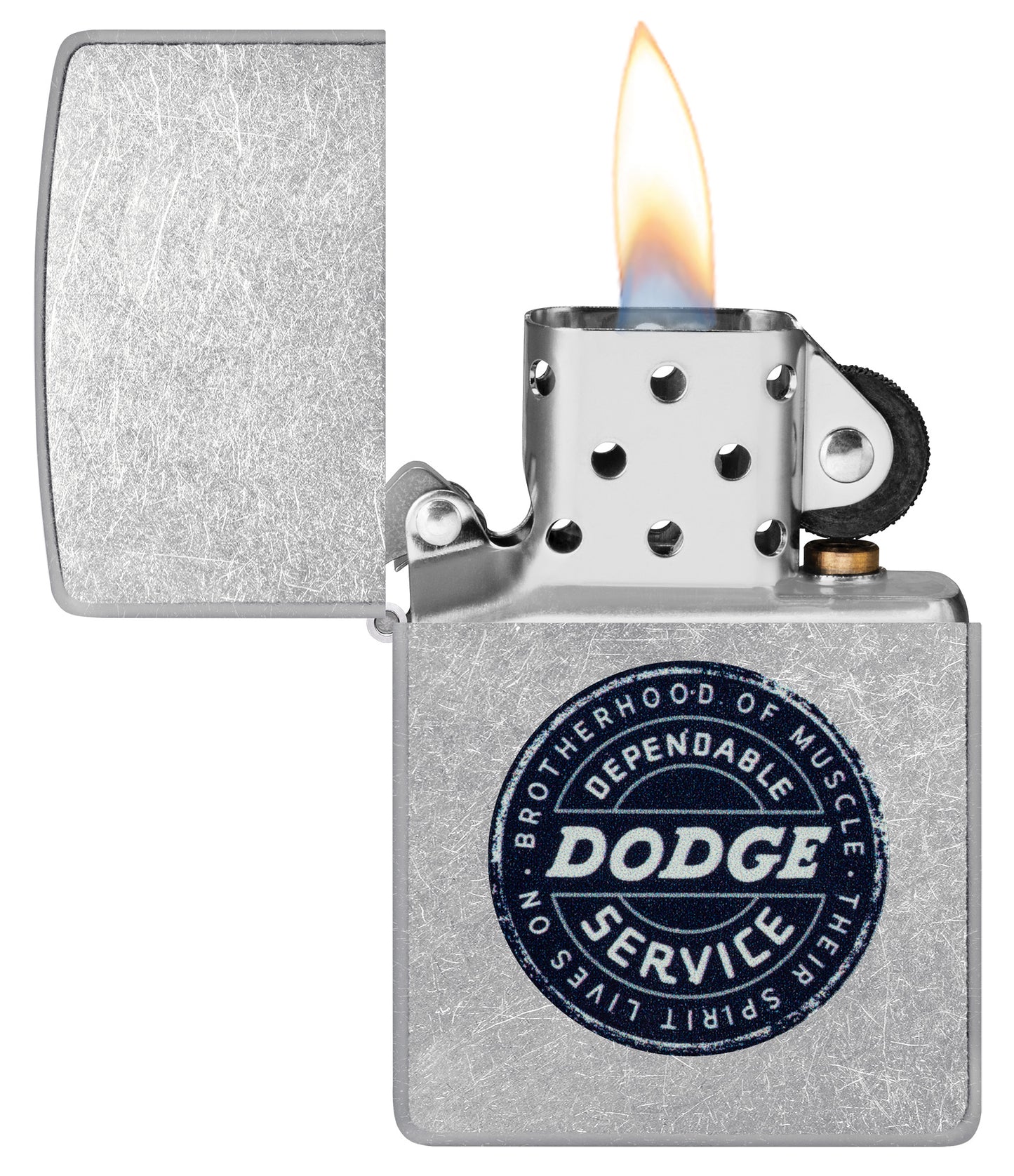 Zippo Dodge Service Sign Street Chrome Windproof Lighter with its lid open and lit.
