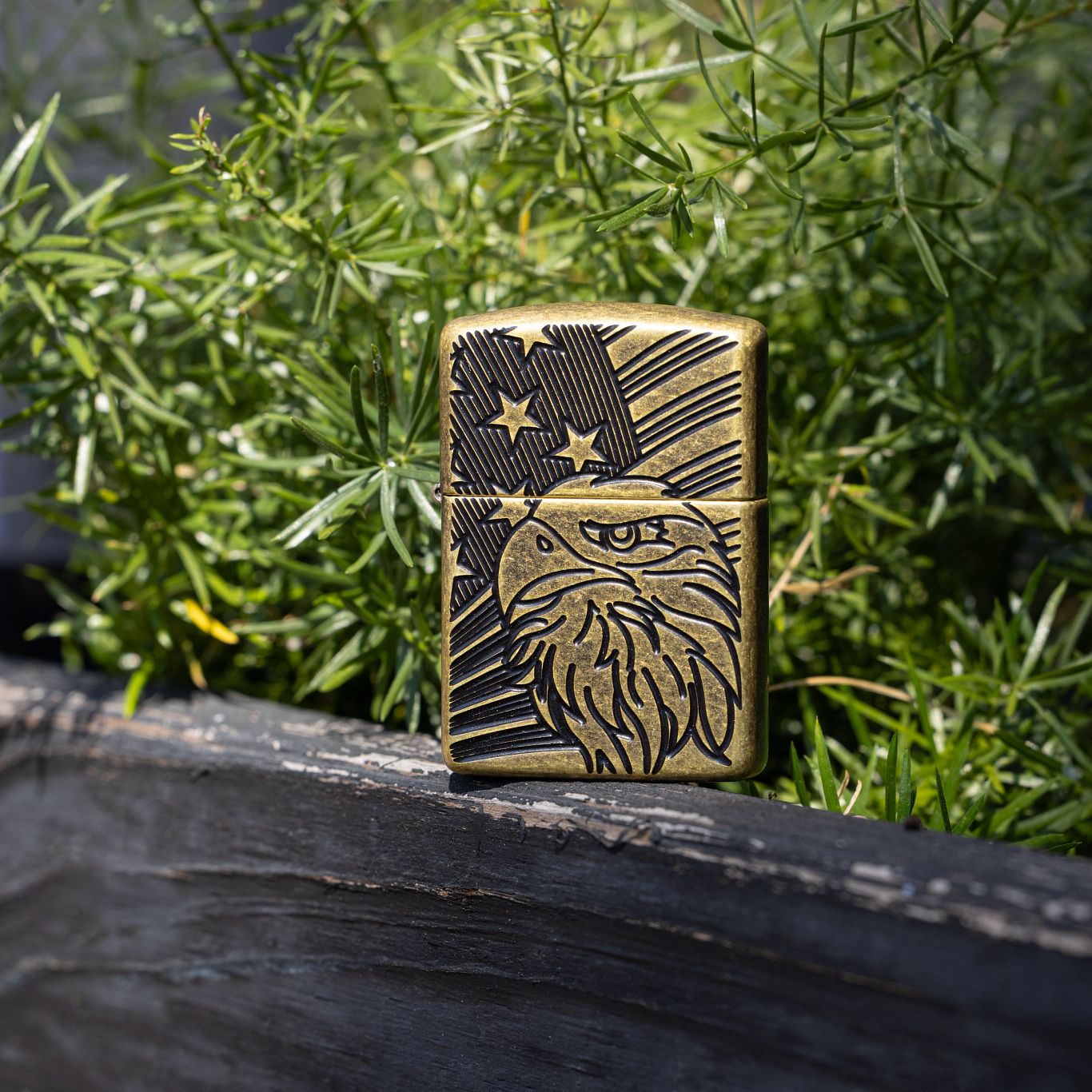 Lifestyle image of Zippo Eagle and Flag Design Armor® Antique Brass Windproof Lighter standing at an angle on the ledge of a dark weathered planter box showing the front of the lighter with a pine needle milkweed plant as the background.

