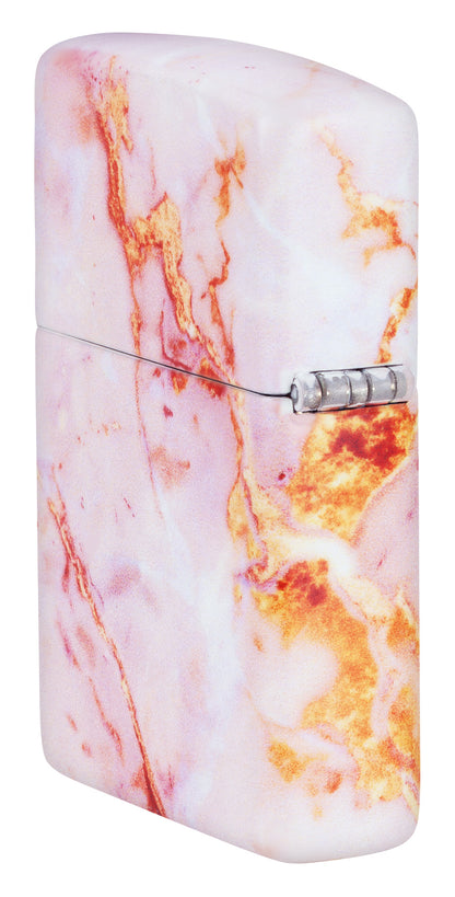 Back Side View of Zippo Pink Marble Bit Safe Design Windproof Lighter 3/4 angle hinge side