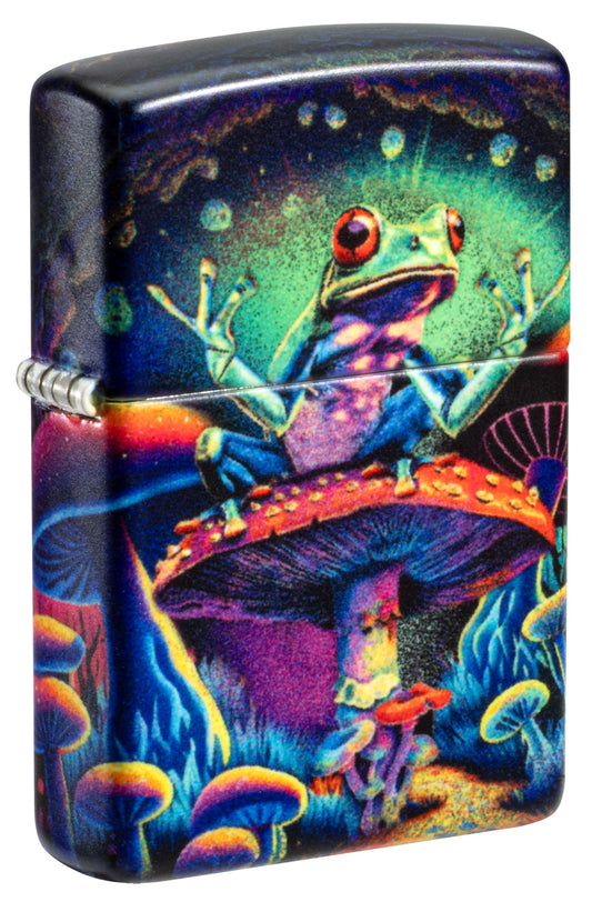 Front shot of Zippo Zen Frog Design Glow in the Dark Matte Windproof Lighter standing at a 3/4 angle.