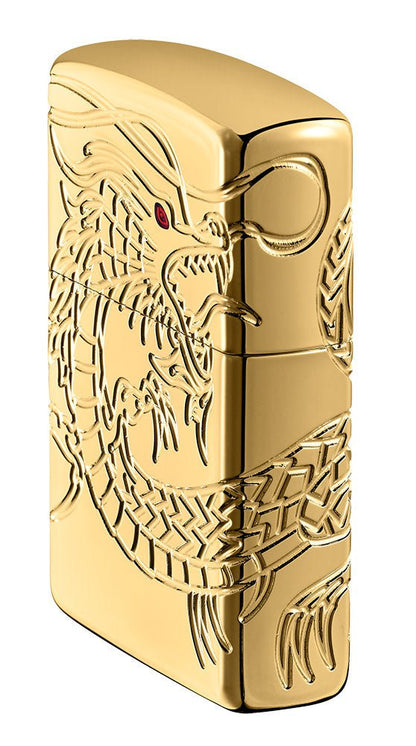 Angled shot of ArmorÂ® Asian Dragon 360-Degree Gold-Plate Windproof Lighter, standing at an angle showing the front and right side of the lighter