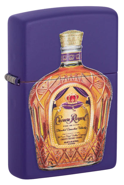 Front shot of Crown RoyalÂ® Purple Matte Windproof Lighter standing at a 3/4 angle.